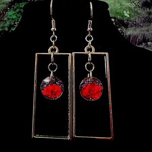 Silver and red pressed flower resin earrings. Hypoallergenic. Handmade